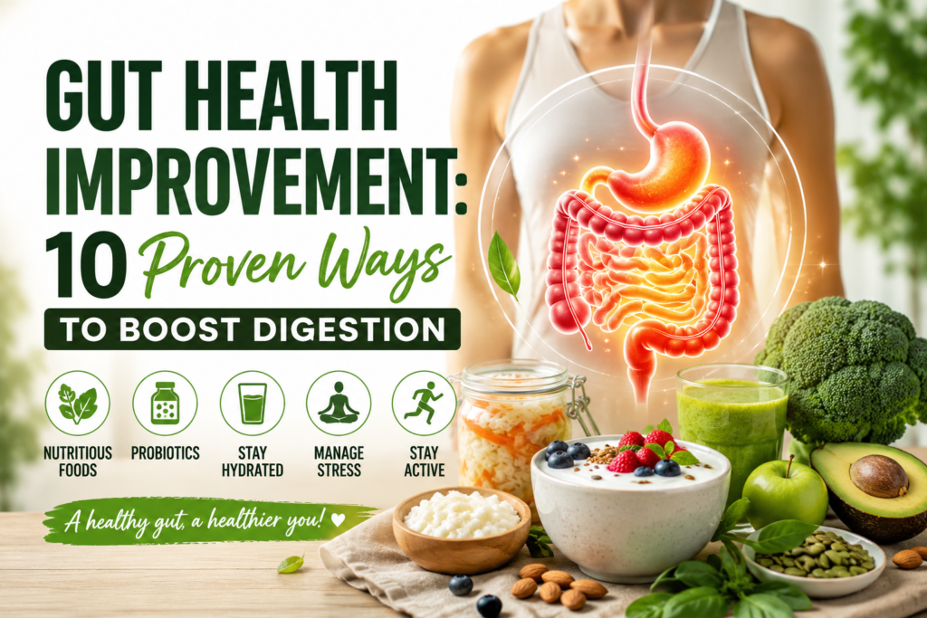 Healthy foods supporting gut health improvement and better digestion